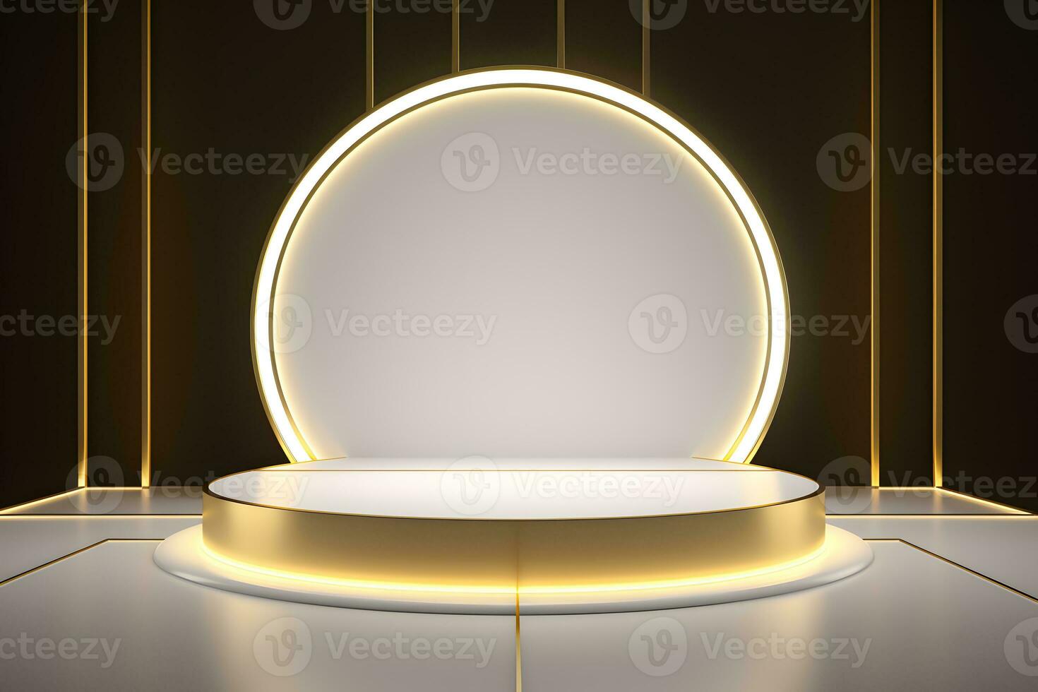 abstract minimalist geometric neon background, simple showcase scene with white hemisphere and golden ring, gold round frame and liquid floor with reflection. Podium for product presentation photo