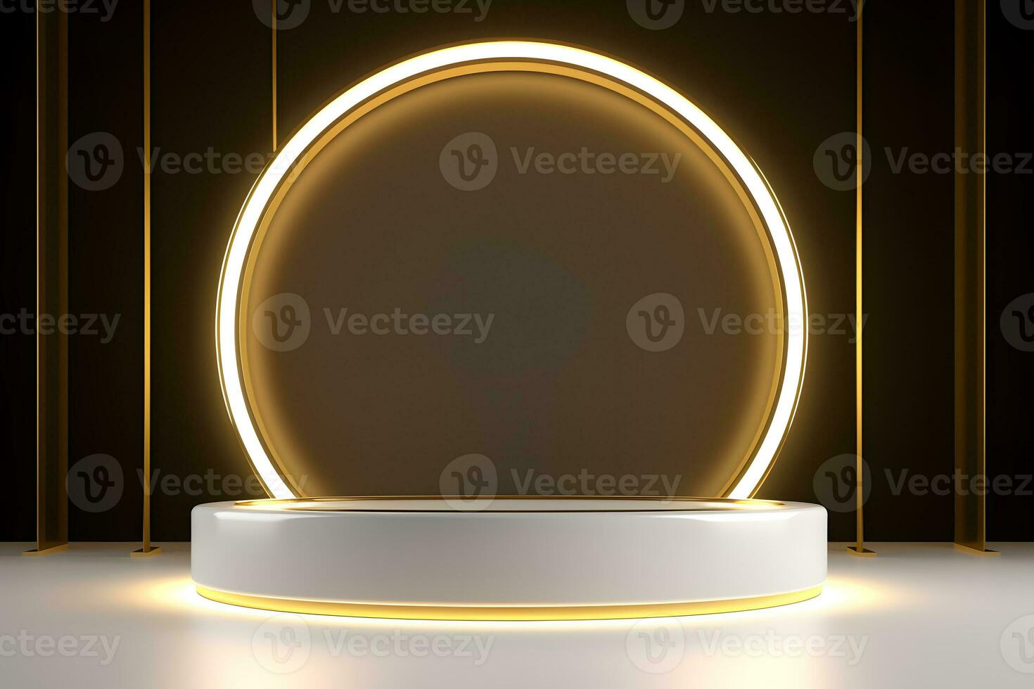 abstract minimalist geometric neon background, simple showcase scene with white hemisphere and golden ring, gold round frame and liquid floor with reflection. Podium for product presentation photo