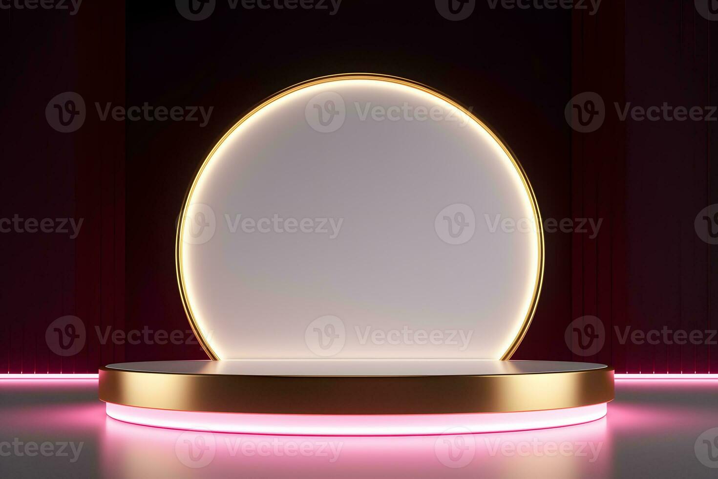 abstract minimalist geometric neon background, simple showcase scene with white hemisphere and golden ring, gold round frame and liquid floor with reflection. Podium for product presentation photo