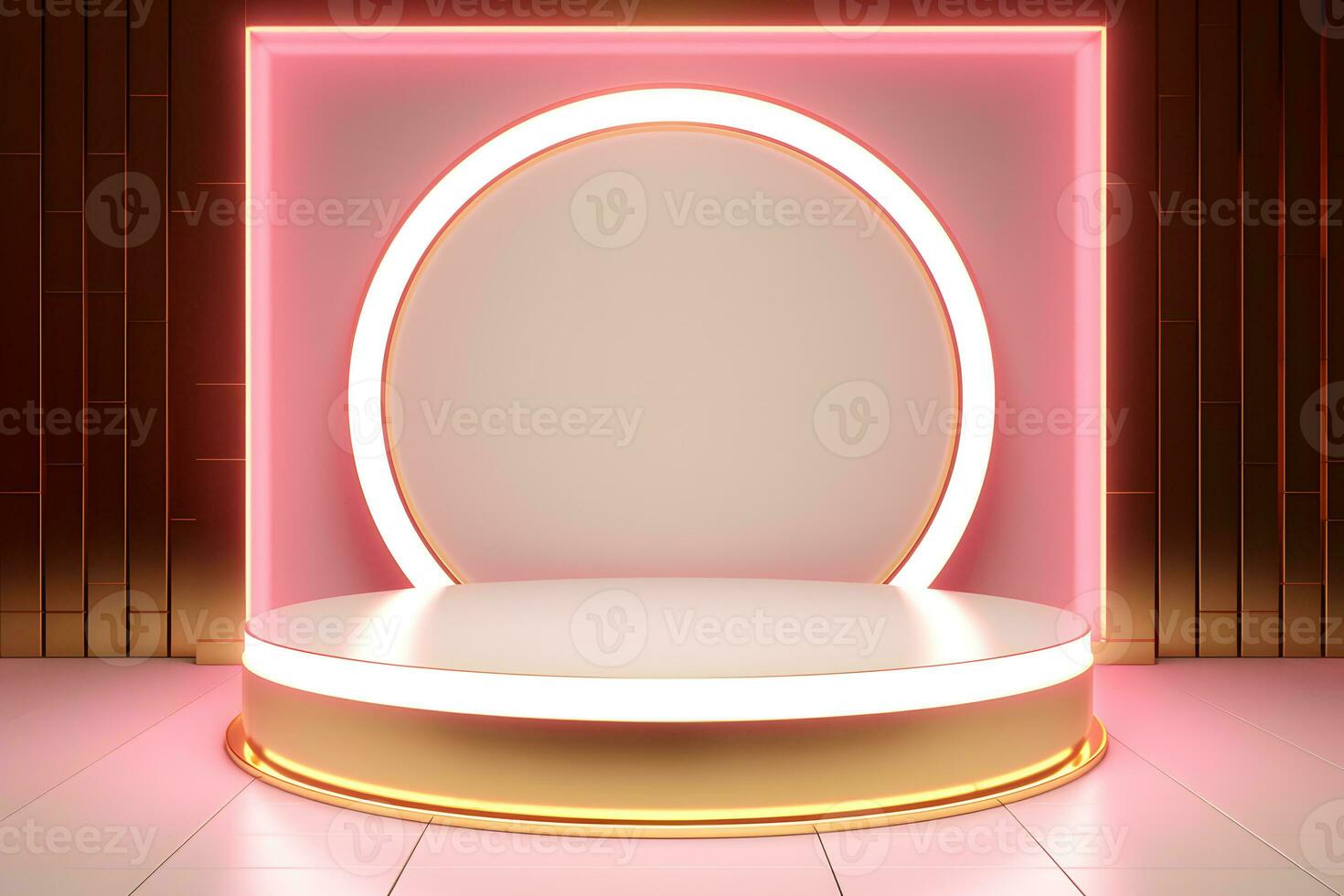 abstract minimalist geometric neon background, simple showcase scene with white hemisphere and golden ring, gold round frame and liquid floor with reflection. Podium for product presentation photo