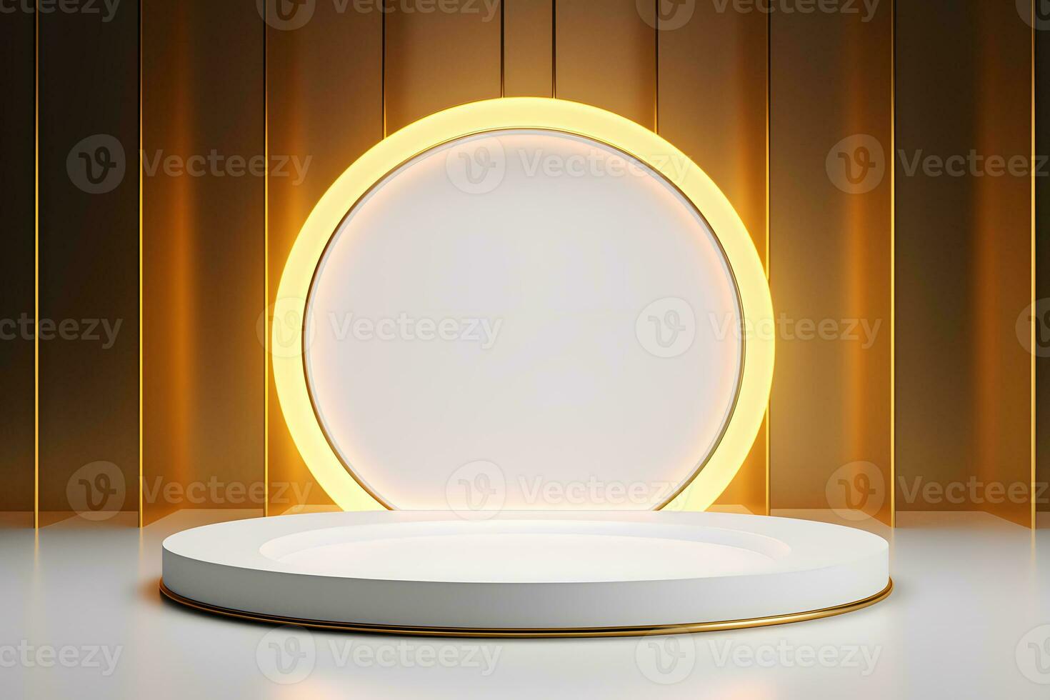 abstract minimalist geometric neon background, simple showcase scene with white hemisphere and golden ring, gold round frame and liquid floor with reflection. Podium for product presentation photo