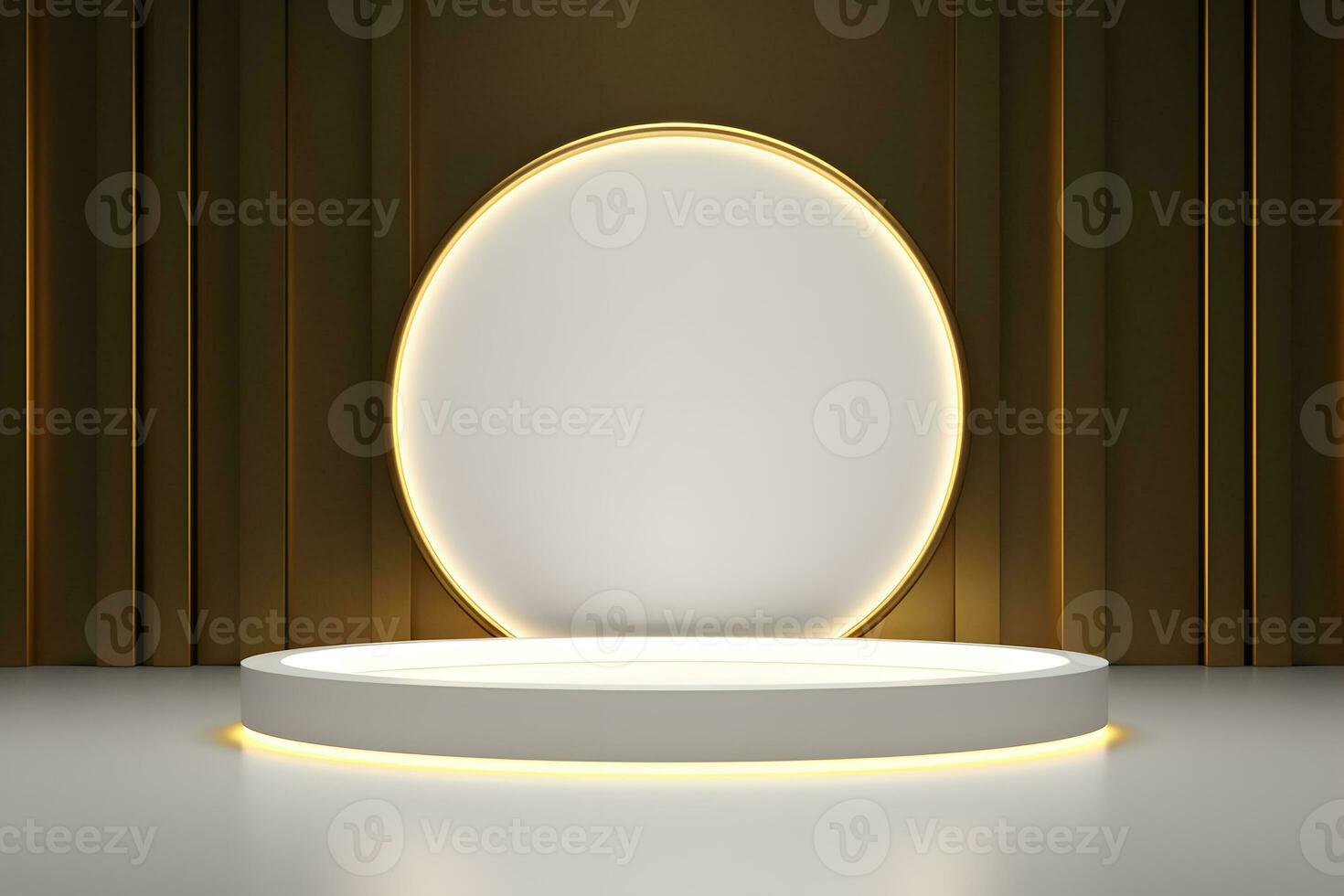 abstract minimalist geometric neon background, simple showcase scene with white hemisphere and golden ring, gold round frame and liquid floor with reflection. Podium for product presentation photo