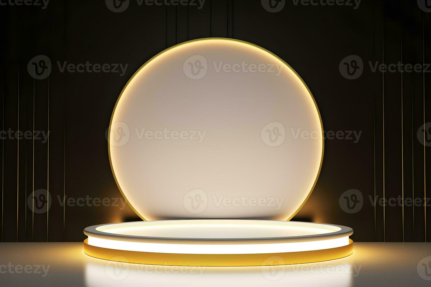 abstract minimalist geometric neon background, simple showcase scene with white hemisphere and golden ring, gold round frame and liquid floor with reflection. Podium for product presentation photo