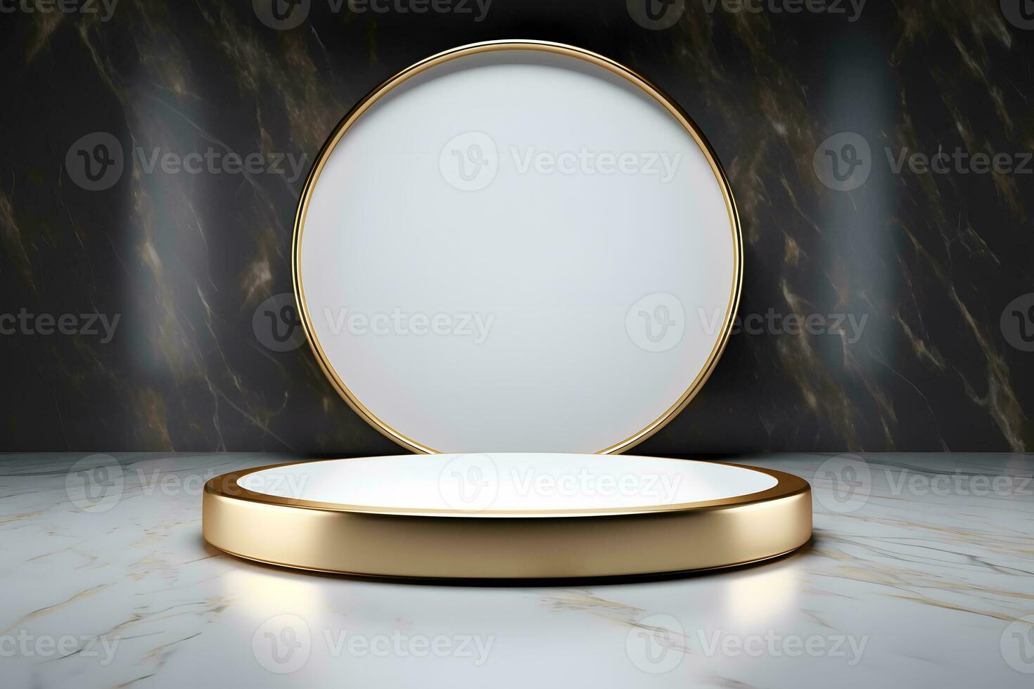 abstract minimalist geometric neon background, simple showcase scene with white hemisphere and golden ring, gold round frame and liquid floor with reflection. Podium for product presentation photo