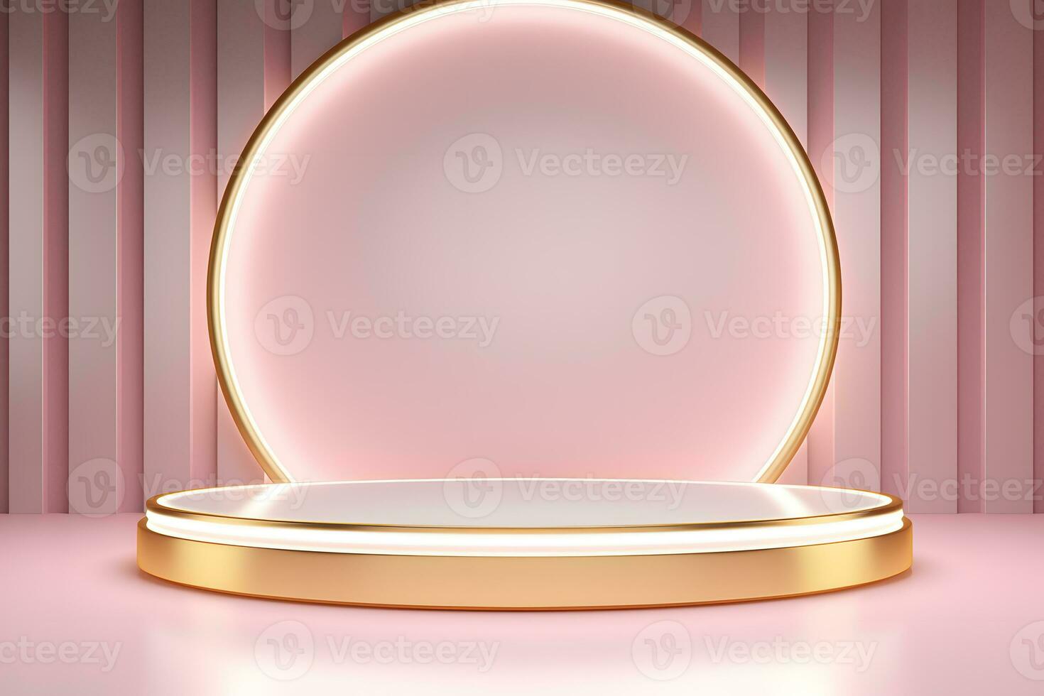 abstract minimalist geometric neon background, simple showcase scene with white hemisphere and golden ring, gold round frame and liquid floor with reflection. Podium for product presentation photo