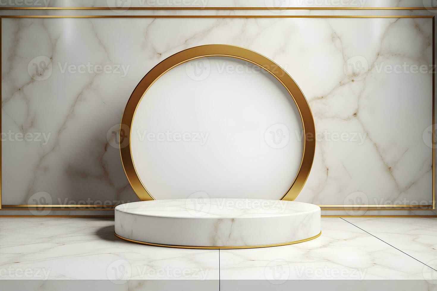 abstract minimalist geometric neon background, simple showcase scene with white hemisphere and golden ring, gold round frame and liquid floor with reflection. Podium for product presentation photo