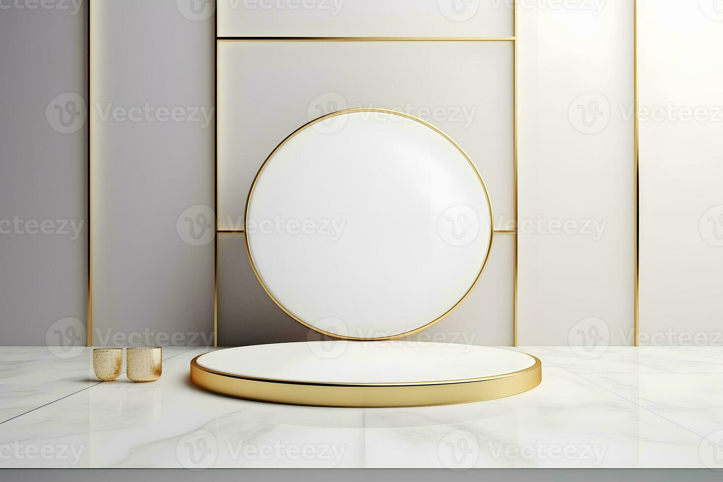 abstract minimalist geometric neon background, simple showcase scene with white hemisphere and golden ring, gold round frame and liquid floor with reflection. Podium for product presentation photo