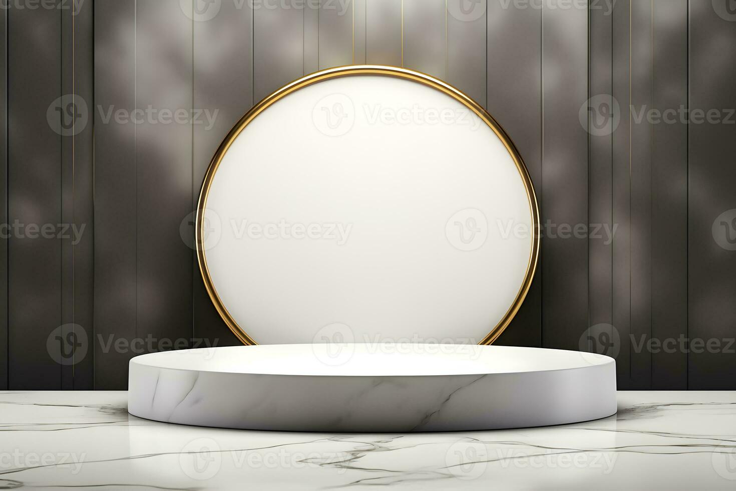 abstract minimalist geometric neon background, simple showcase scene with white hemisphere and golden ring, gold round frame and liquid floor with reflection. Podium for product presentation photo
