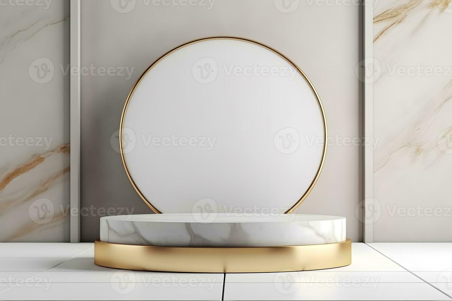 abstract minimalist geometric neon background, simple showcase scene with white hemisphere and golden ring, gold round frame and liquid floor with reflection. Podium for product presentation photo