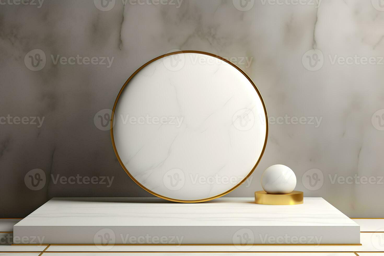 abstract minimalist geometric neon background, simple showcase scene with white hemisphere and golden ring, gold round frame and liquid floor with reflection. Podium for product presentation photo