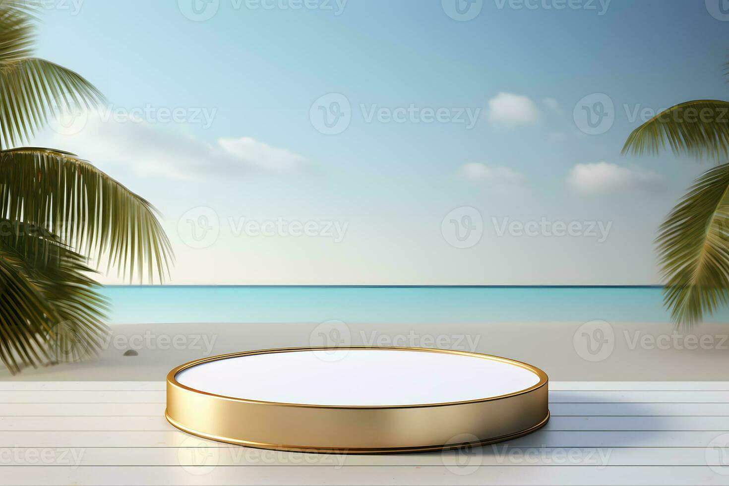 abstract minimalist geometric neon background, simple showcase scene with white hemisphere and golden ring, gold round frame and liquid floor with reflection. Podium for product presentation photo