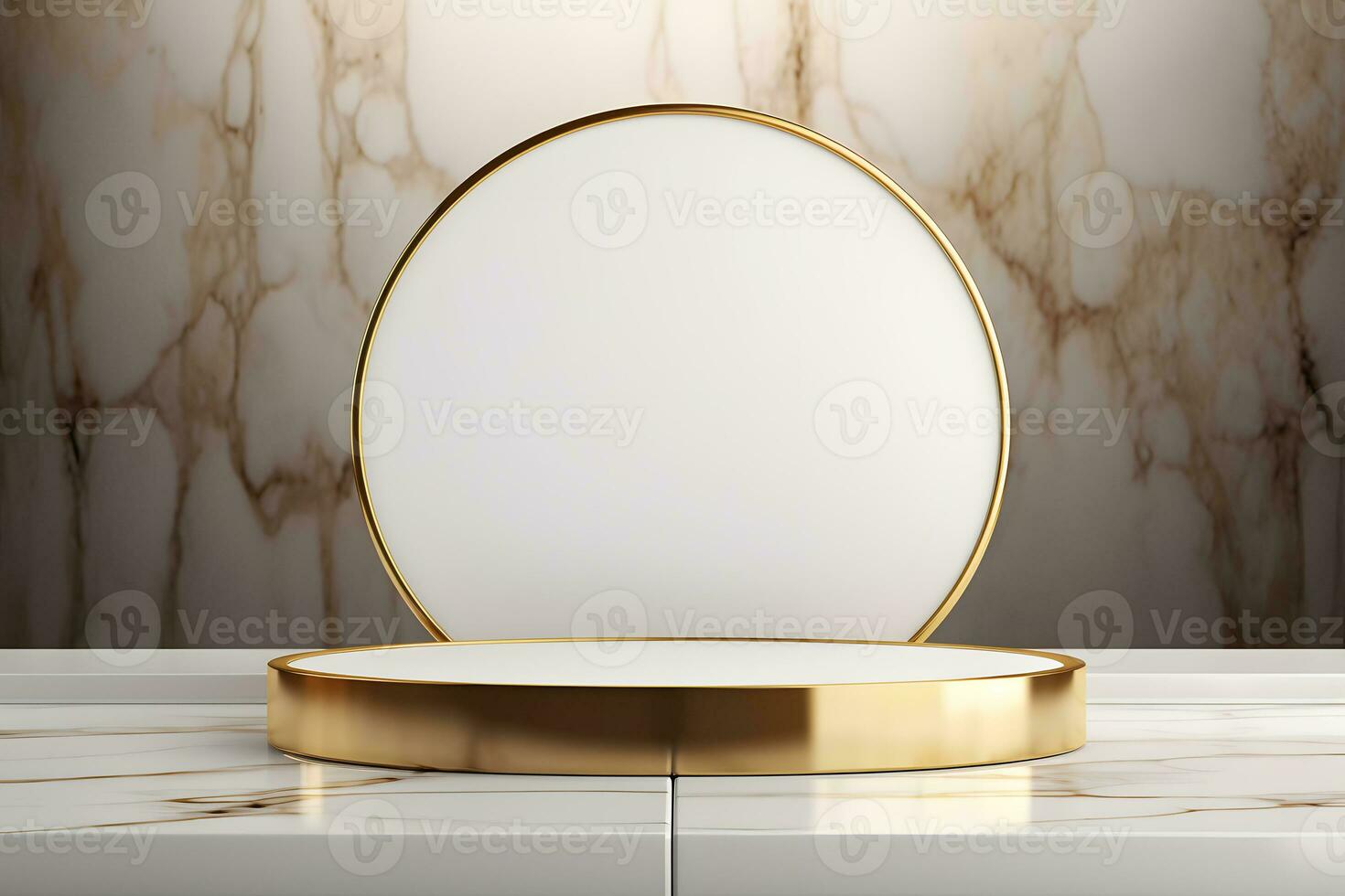 abstract minimalist geometric neon background, simple showcase scene with white hemisphere and golden ring, gold round frame and liquid floor with reflection. Podium for product presentation photo