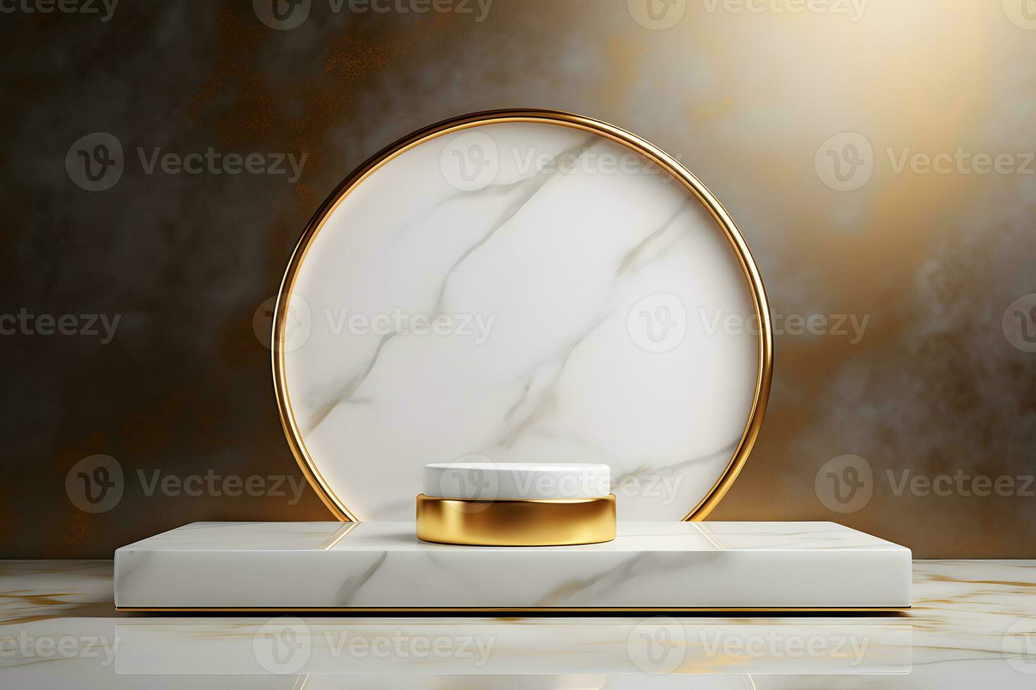 abstract minimalist geometric neon background, simple showcase scene with white hemisphere and golden ring, gold round frame and liquid floor with reflection. Podium for product presentation photo