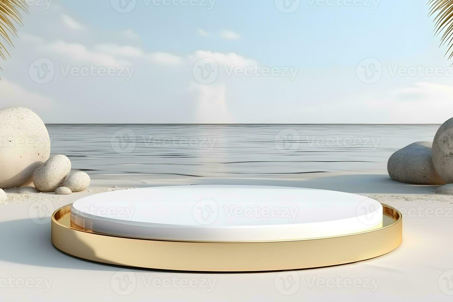 abstract minimalist geometric neon background, simple showcase scene with white hemisphere and golden ring, gold round frame and liquid floor with reflection. Podium for product presentation photo