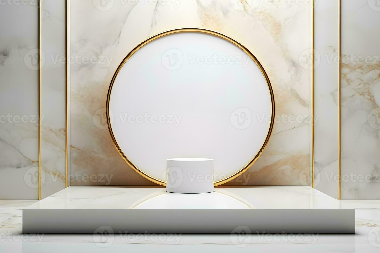 abstract minimalist geometric neon background, simple showcase scene with white hemisphere and golden ring, gold round frame and liquid floor with reflection. Podium for product presentation photo