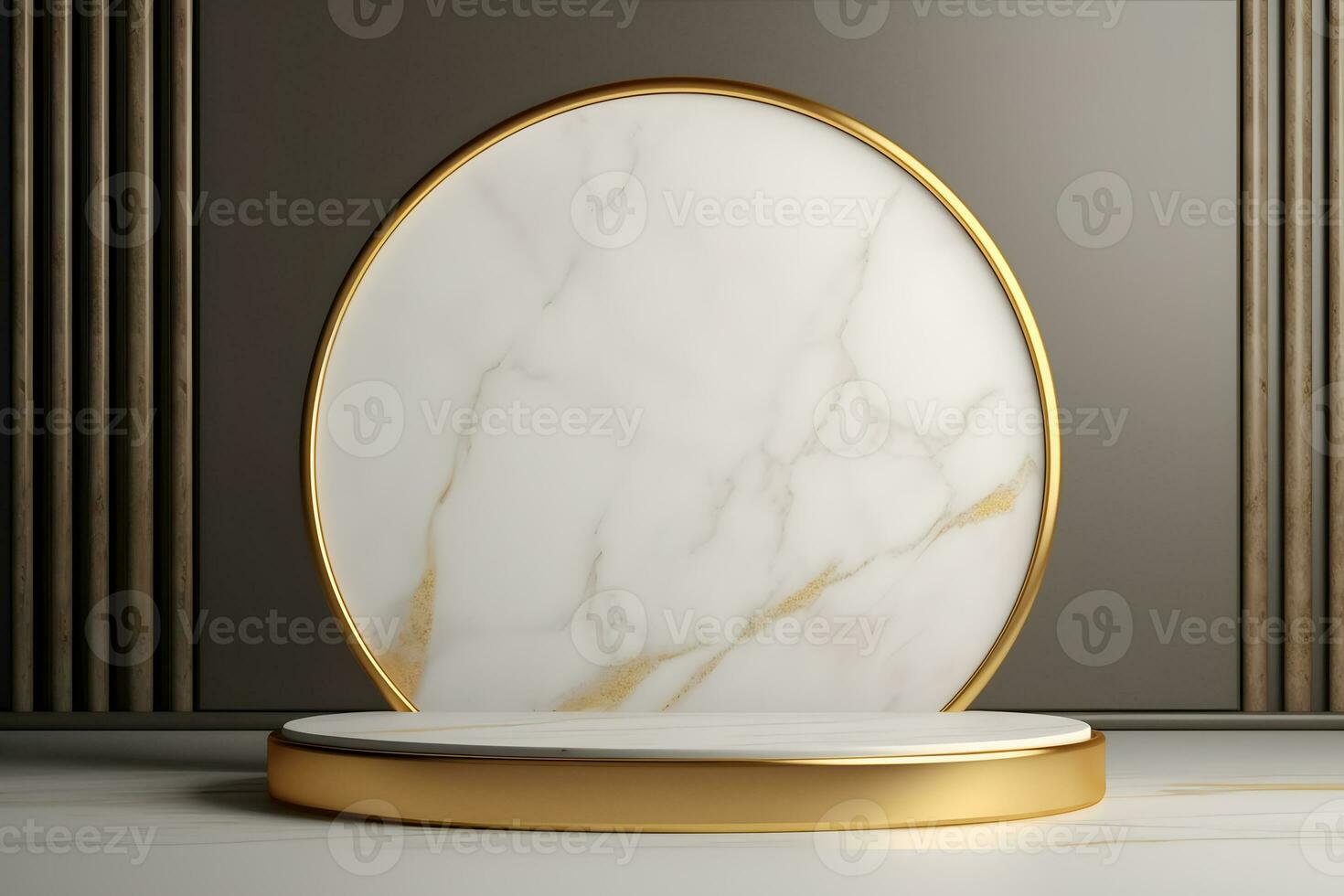 abstract minimalist geometric neon background, simple showcase scene with white hemisphere and golden ring, gold round frame and liquid floor with reflection. Podium for product presentation photo