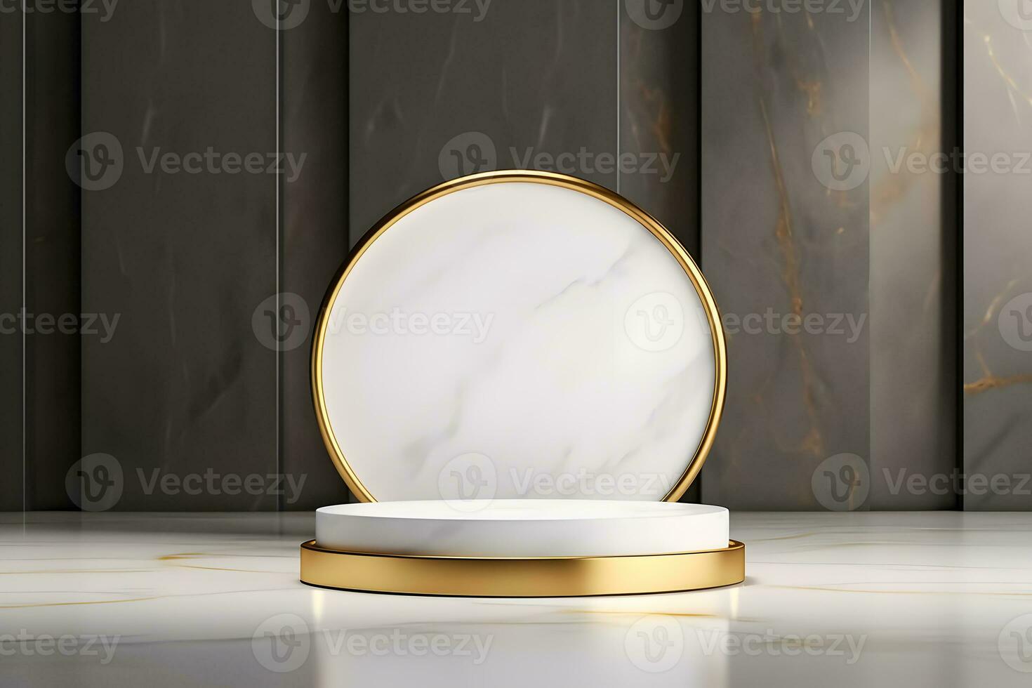 abstract minimalist geometric neon background, simple showcase scene with white hemisphere and golden ring, gold round frame and liquid floor with reflection. Podium for product presentation photo