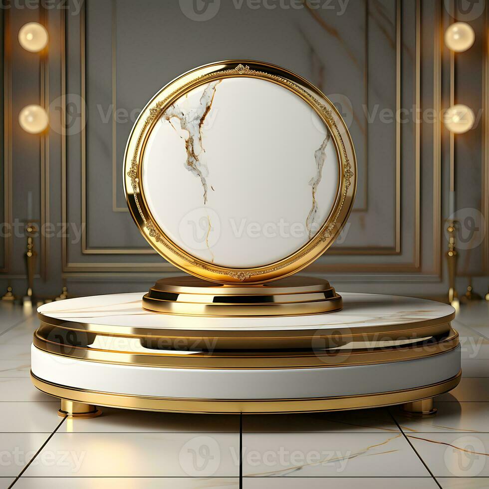 abstract minimalist geometric neon background, simple showcase scene with white hemisphere and golden ring, gold round frame and liquid floor with reflection. Podium for product presentation photo