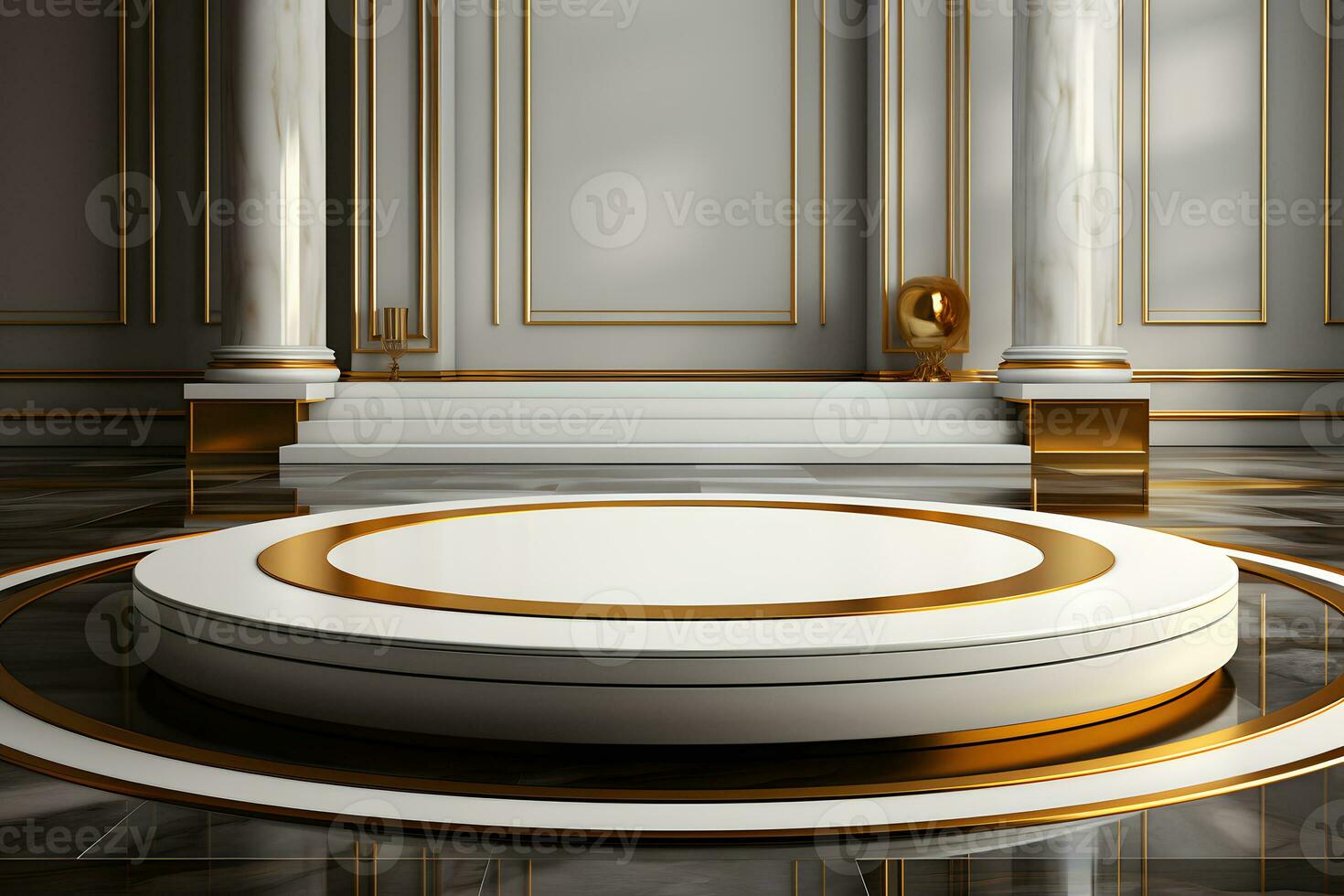 abstract minimalist geometric neon background, simple showcase scene with white hemisphere and golden ring, gold round frame and liquid floor with reflection. Podium for product presentation photo