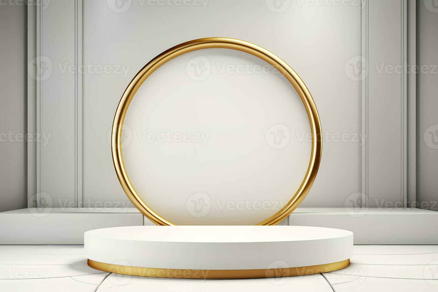 abstract minimalist geometric neon background, simple showcase scene with white hemisphere and golden ring, gold round frame and liquid floor with reflection. Podium for product presentation photo