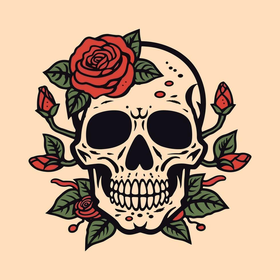 skull head surrounded by flowers and leaves illustration vector