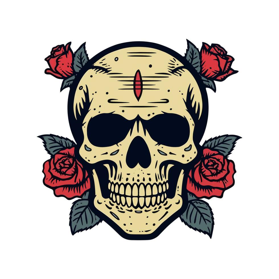 A captivating skull head embraced by a mesmerizing bouquet of flowers and leaves, an enchanting blend of life and death in one striking illustration vector