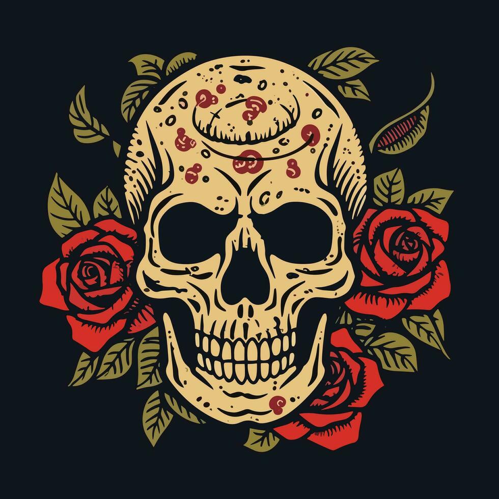 A captivating skull head embraced by a mesmerizing bouquet of flowers and leaves, an enchanting blend of life and death in one striking illustration vector
