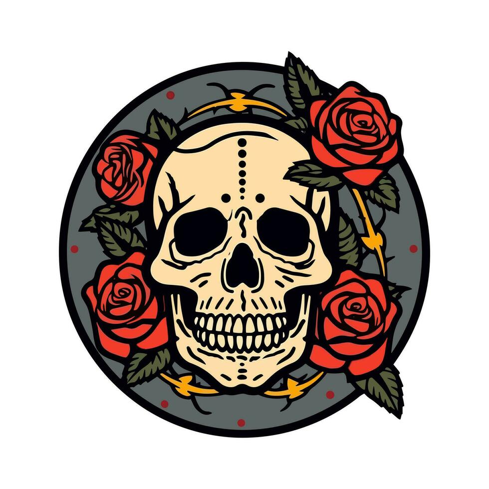 A captivating skull head embraced by a mesmerizing bouquet of flowers and leaves, an enchanting blend of life and death in one striking illustration vector