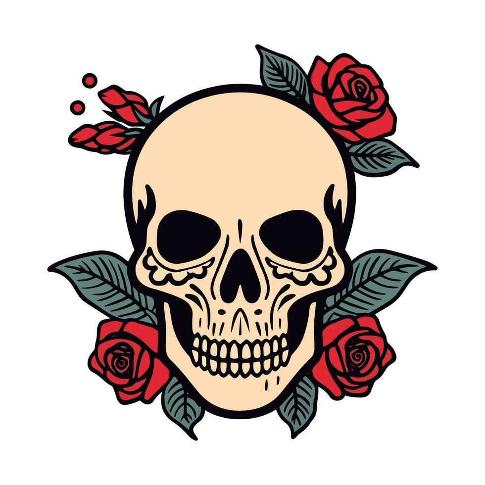 A captivating skull head embraced by a mesmerizing bouquet of flowers and leaves, an enchanting blend of life and death in one striking illustration vector