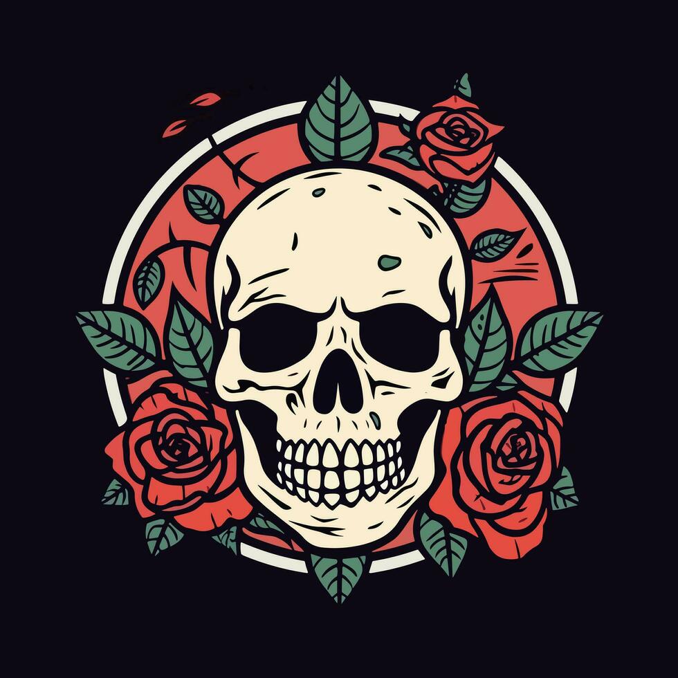 A captivating skull head embraced by a mesmerizing bouquet of flowers and leaves, an enchanting blend of life and death in one striking illustration vector