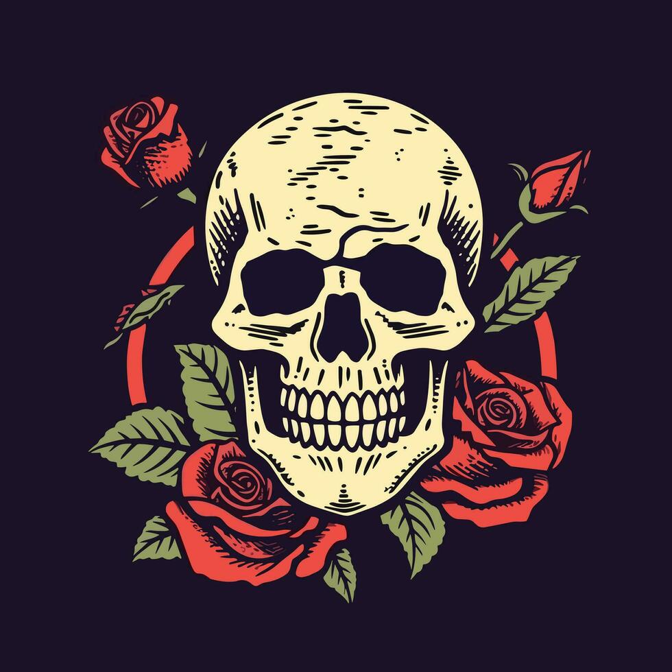 A captivating skull head embraced by a mesmerizing bouquet of flowers and leaves, an enchanting blend of life and death in one striking illustration vector