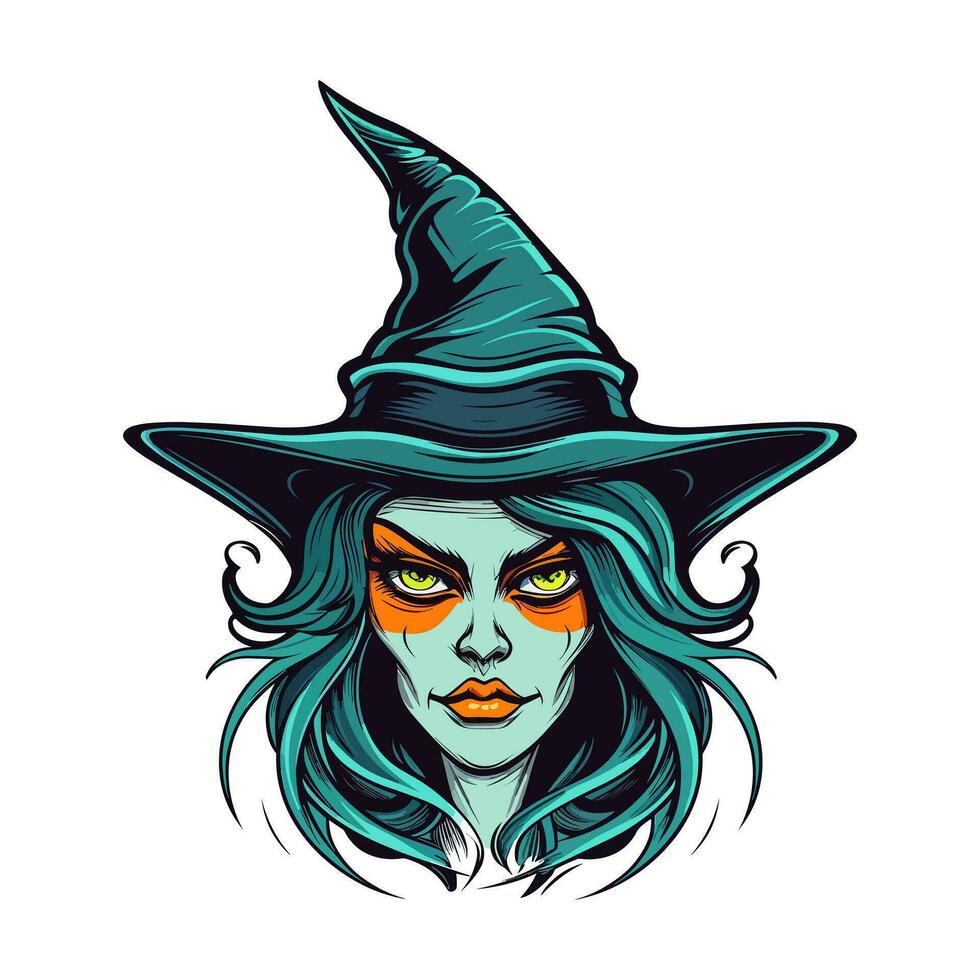 A mesmerizing witch head illustration in intricate vector clip art, capturing the essence of magic and mystery