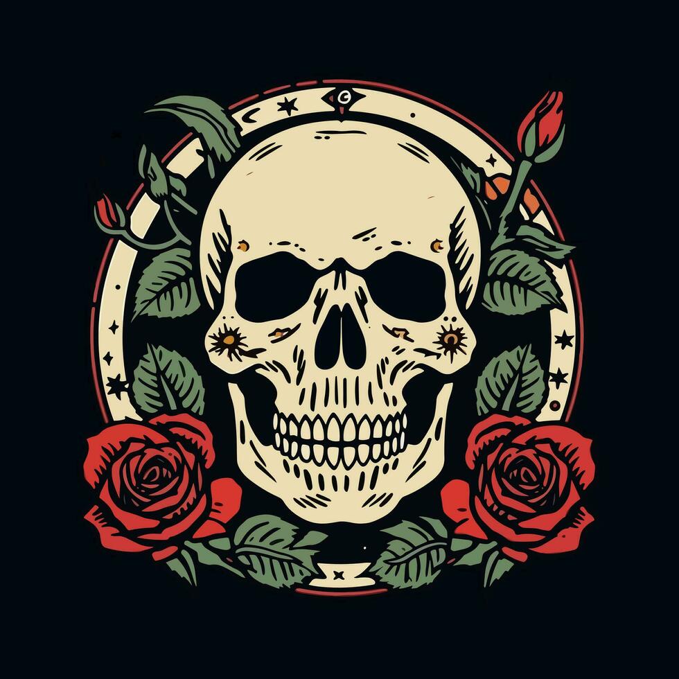 A captivating skull head embraced by a mesmerizing bouquet of flowers and leaves, an enchanting blend of life and death in one striking illustration vector