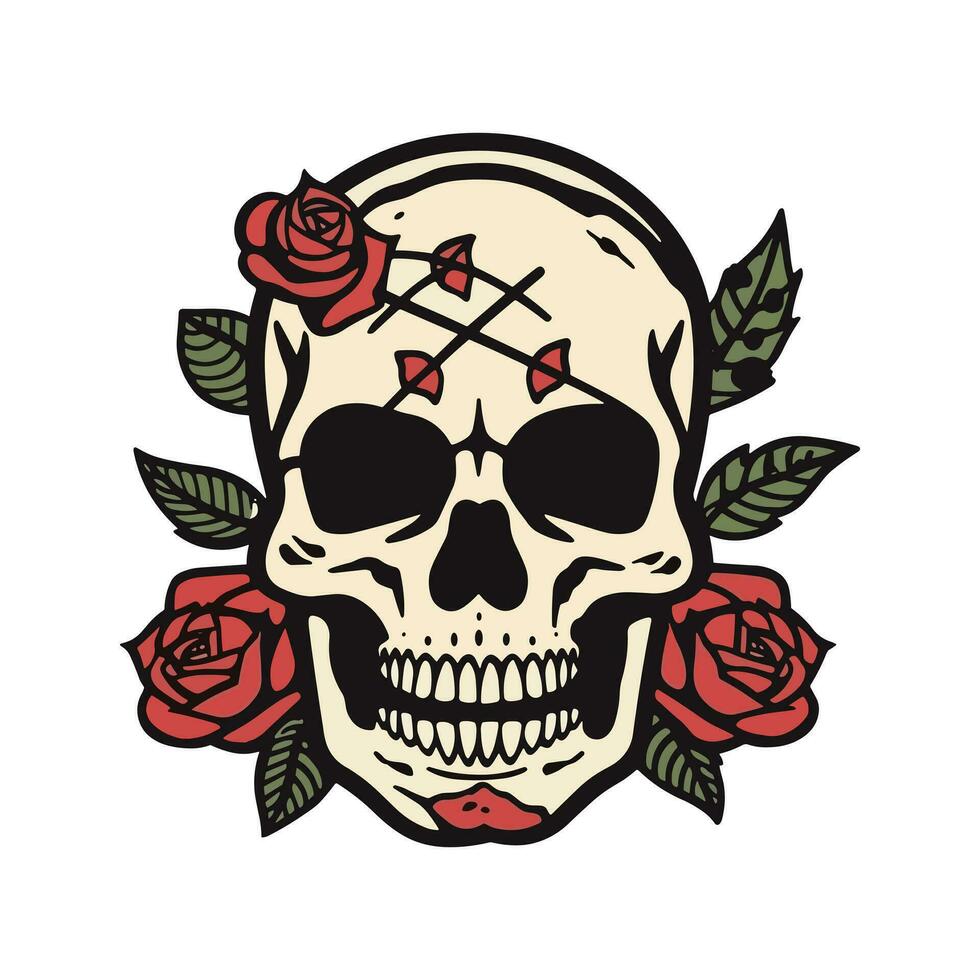 A captivating skull head embraced by a mesmerizing bouquet of flowers and leaves, an enchanting blend of life and death in one striking illustration vector