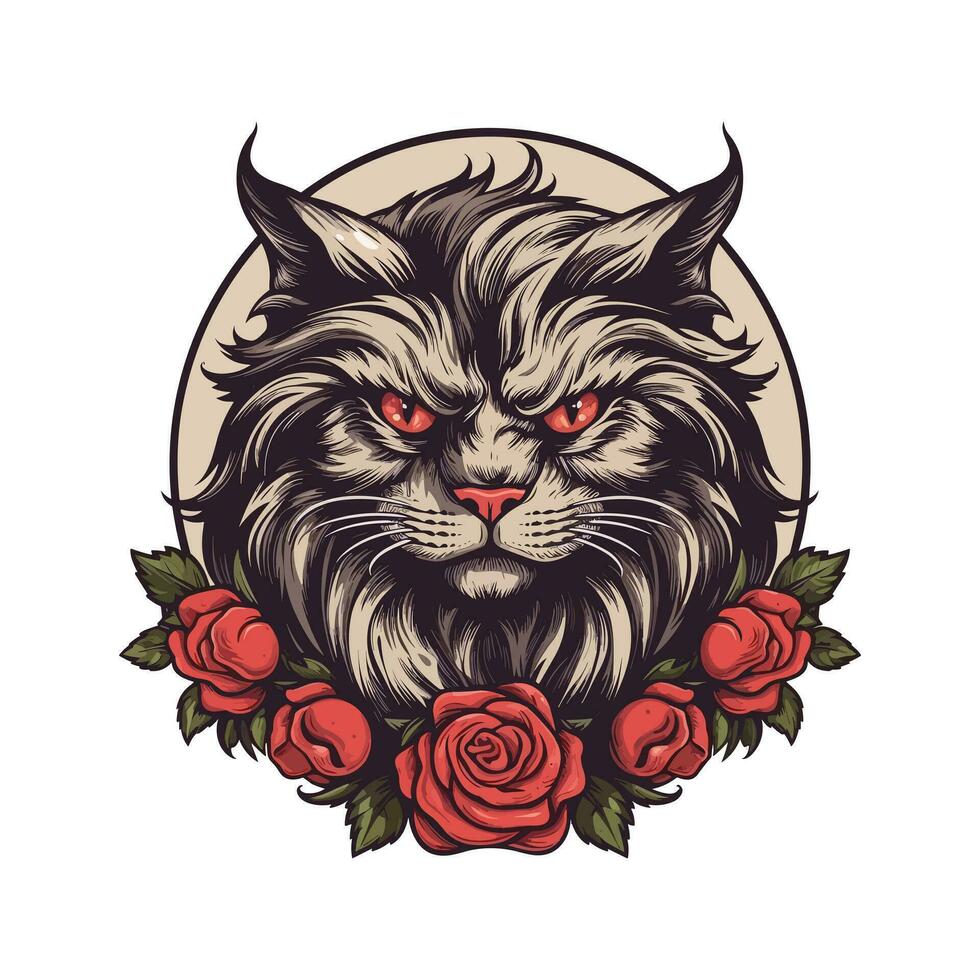 A charming cat head adorned with delicate flowers, showcased in a whimsical vector clip art illustration