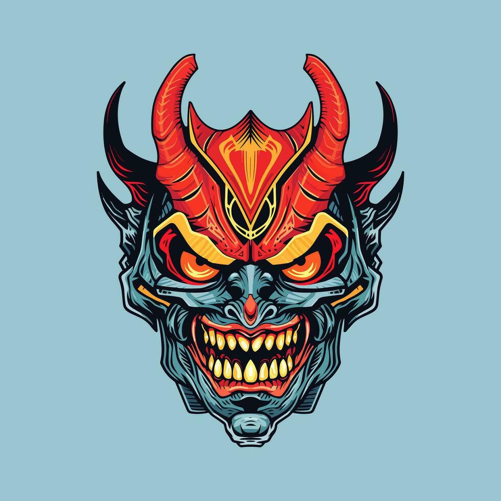 Fiery devil demon head with menacing gaze, perfect for bold graphic designs and dark themed projects. Vector clip art illustration