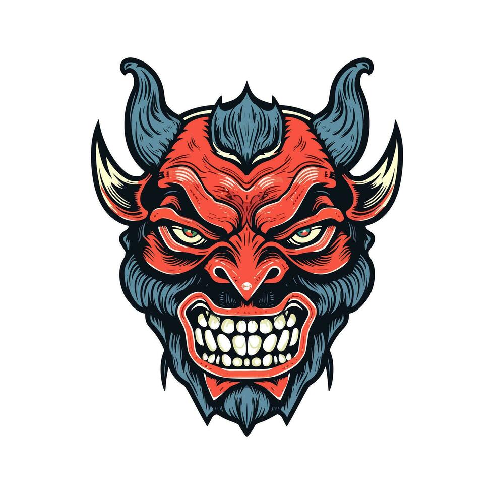 Fiery devil demon head with menacing gaze, perfect for bold graphic designs and dark themed projects. Vector clip art illustration