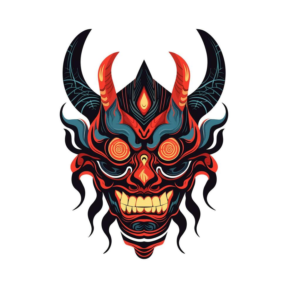 Fiery devil demon head with menacing gaze, perfect for bold graphic designs and dark themed projects. Vector clip art illustration