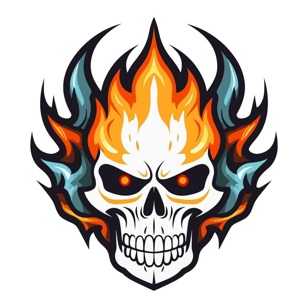 flaming skull vector clip art illustration radiating intense heat and an edgy vibe, perfect for rock bands and alternative themed designs