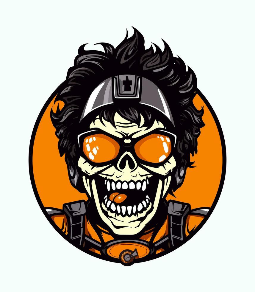 Skull zombie wearing helmet vector clip art illustration