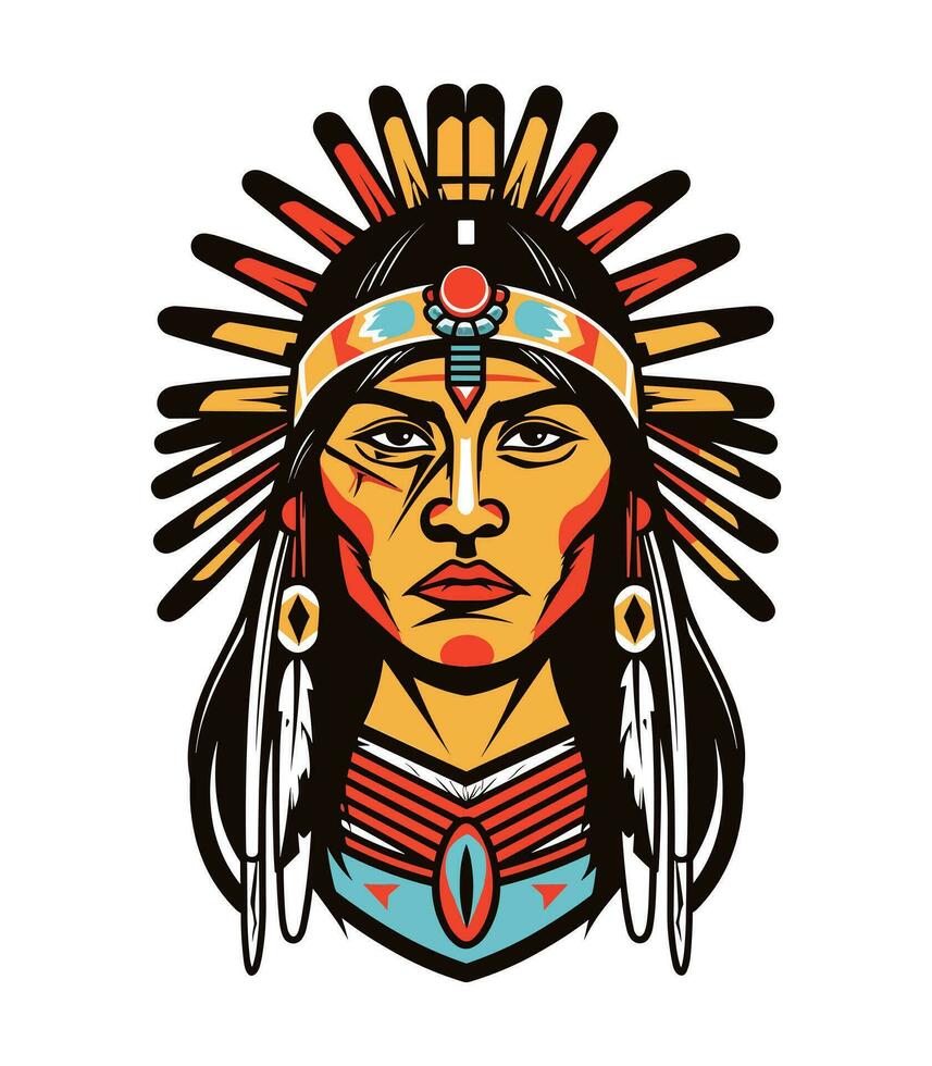 Beautiful native indian american girl head vector clip art illustration