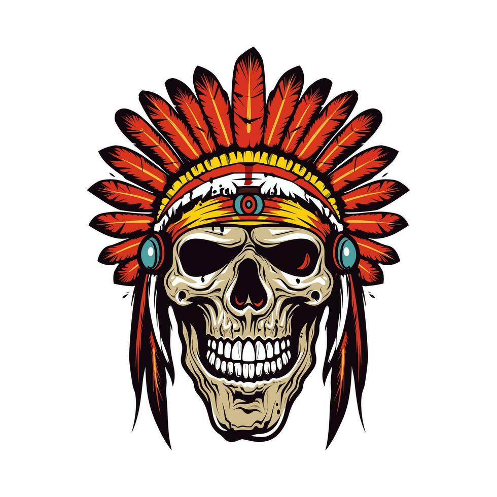 Native American Indian skull head vector clip art illustration, representing the connection between life and death, suitable for cultural events, music album covers, and spiritual