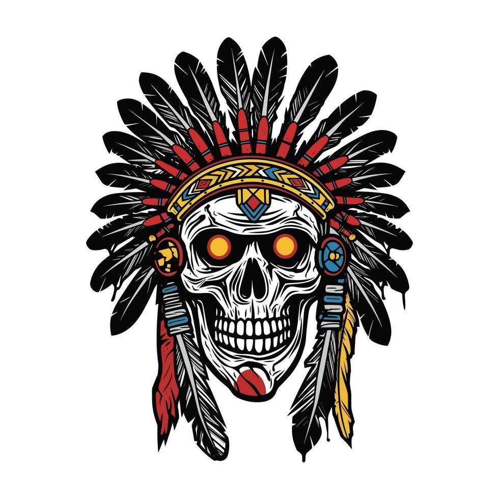 Native American Indian skull head vector clip art illustration, representing the connection between life and death, suitable for cultural events, music album covers, and spiritual