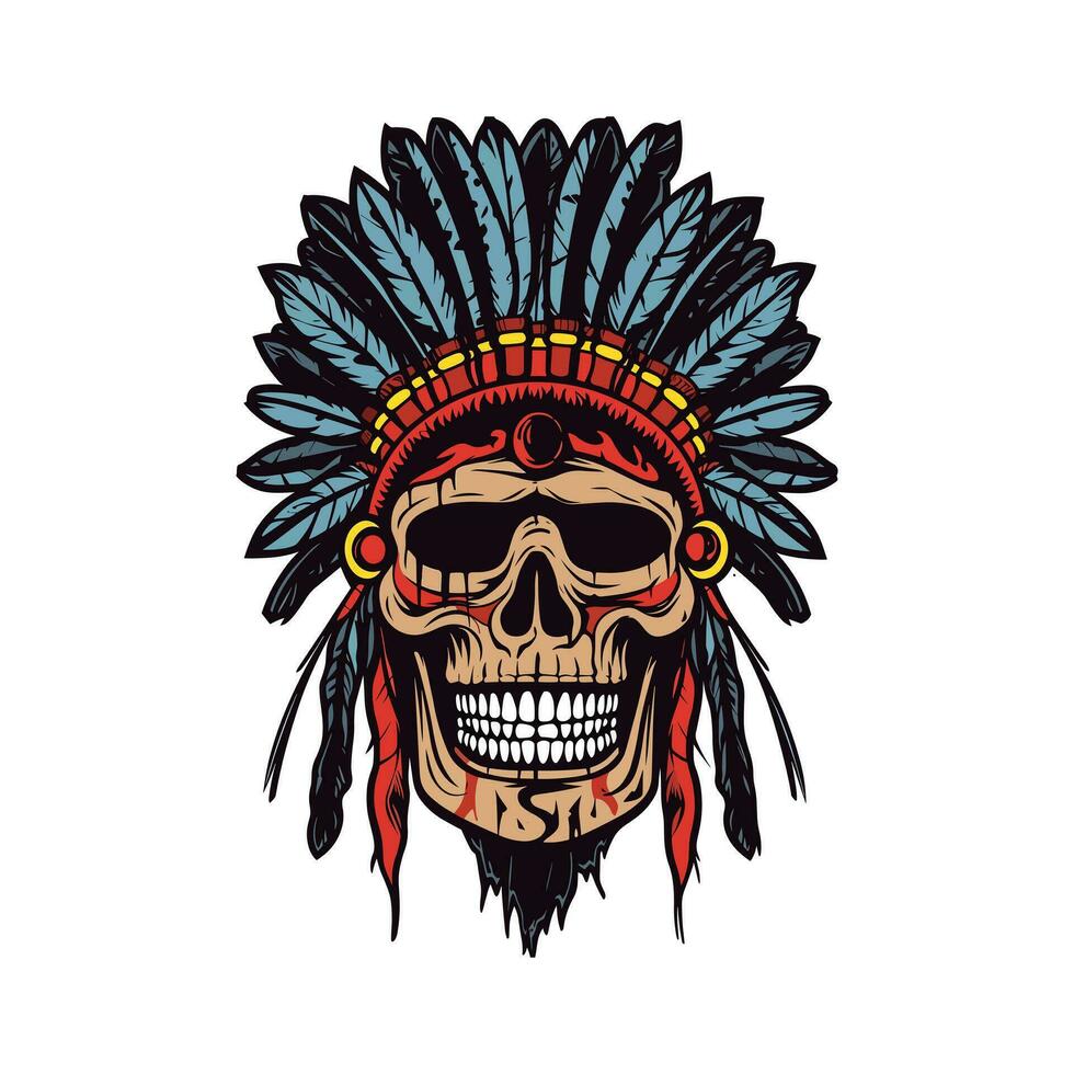 Native American Indian skull head vector clip art illustration, representing the connection between life and death, suitable for cultural events, music album covers, and spiritual