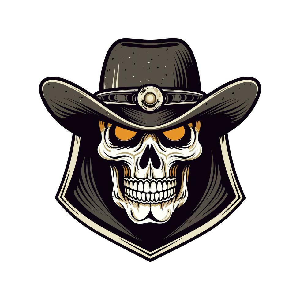 Skull wearing cowboy hat vector clip art illustration