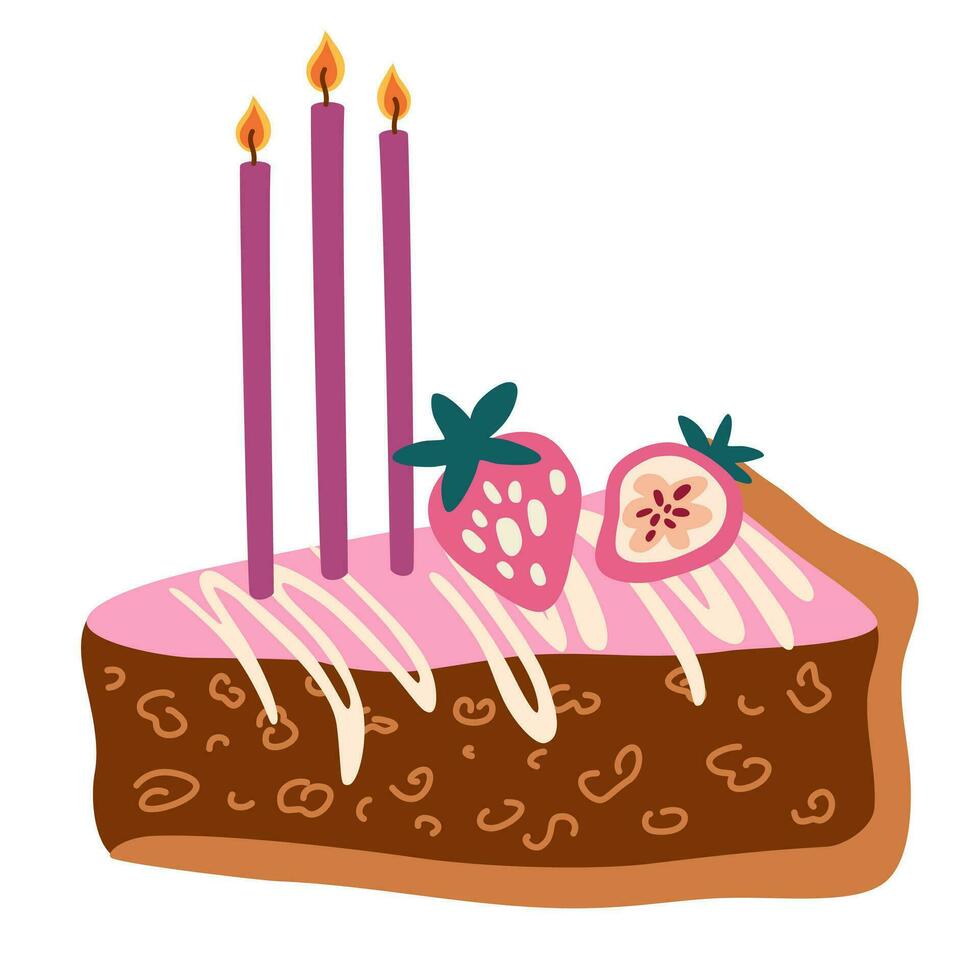 Birthday cake with candles. Sweet dessert, cake slice piece with berries. Birthday, holidays, anniversary. Vector Hand draw Illustration