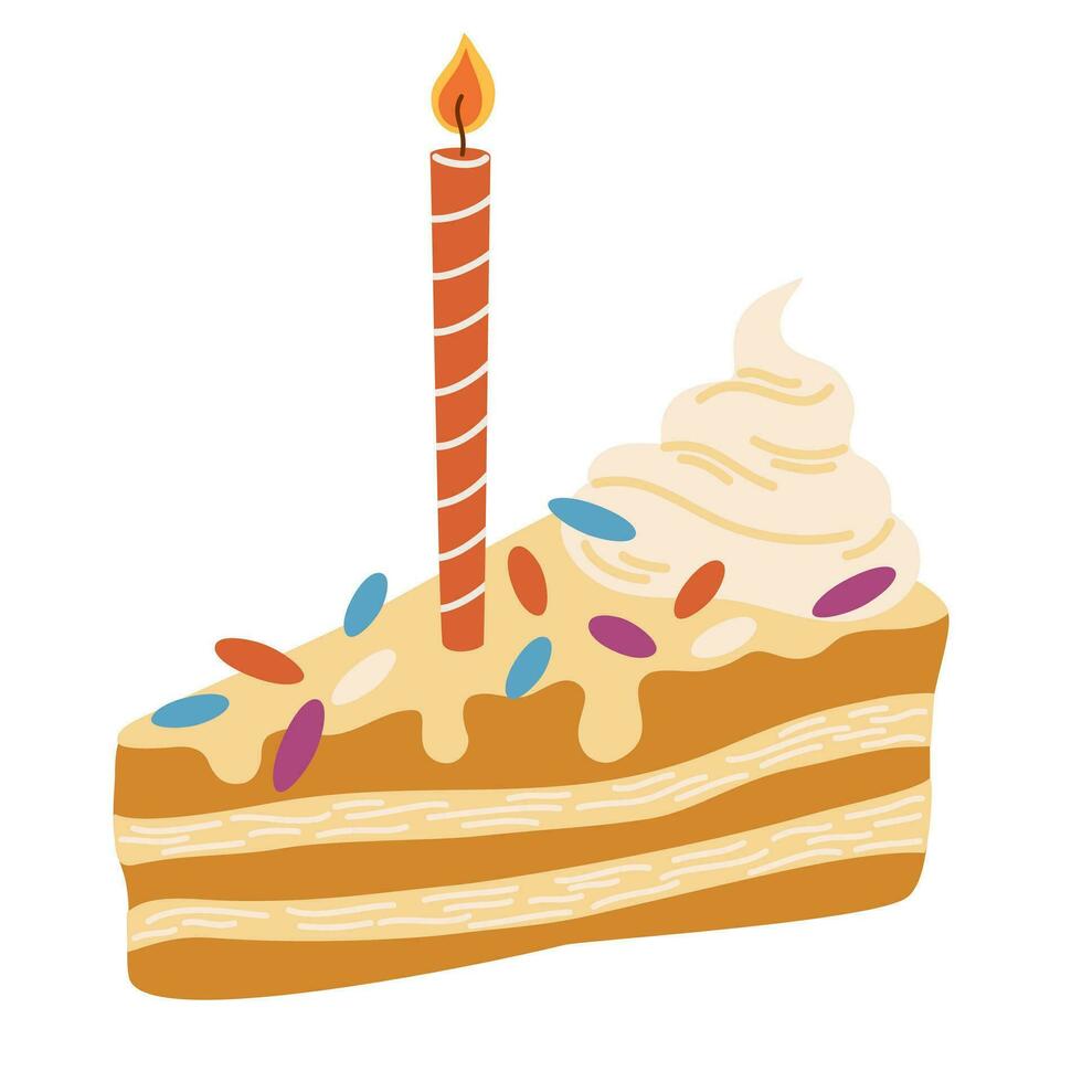 Cake slice piece with candle. Birthday, holidays, anniversary. Sweet dessert. Vector Illustration for postcards and stickers