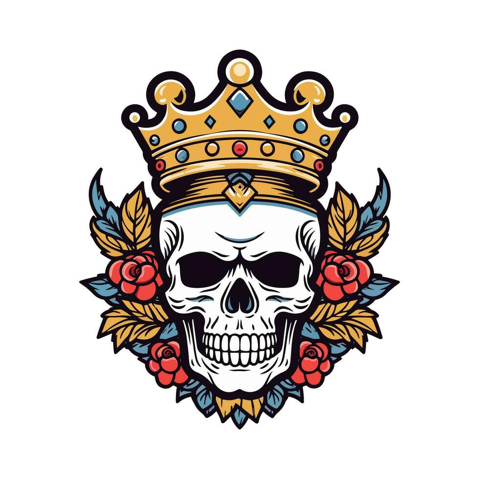 skull wearing a crown with flower decoration vector clip art illustration