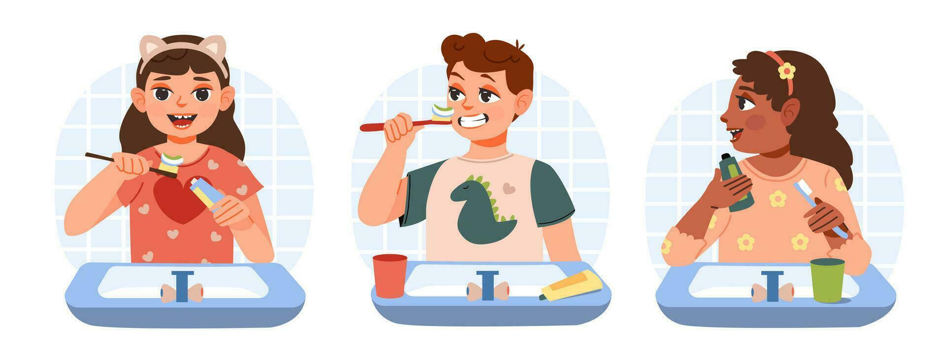 Dental hygiene. Kids in pajamas are brushing their teeth. Flat vector illustration.