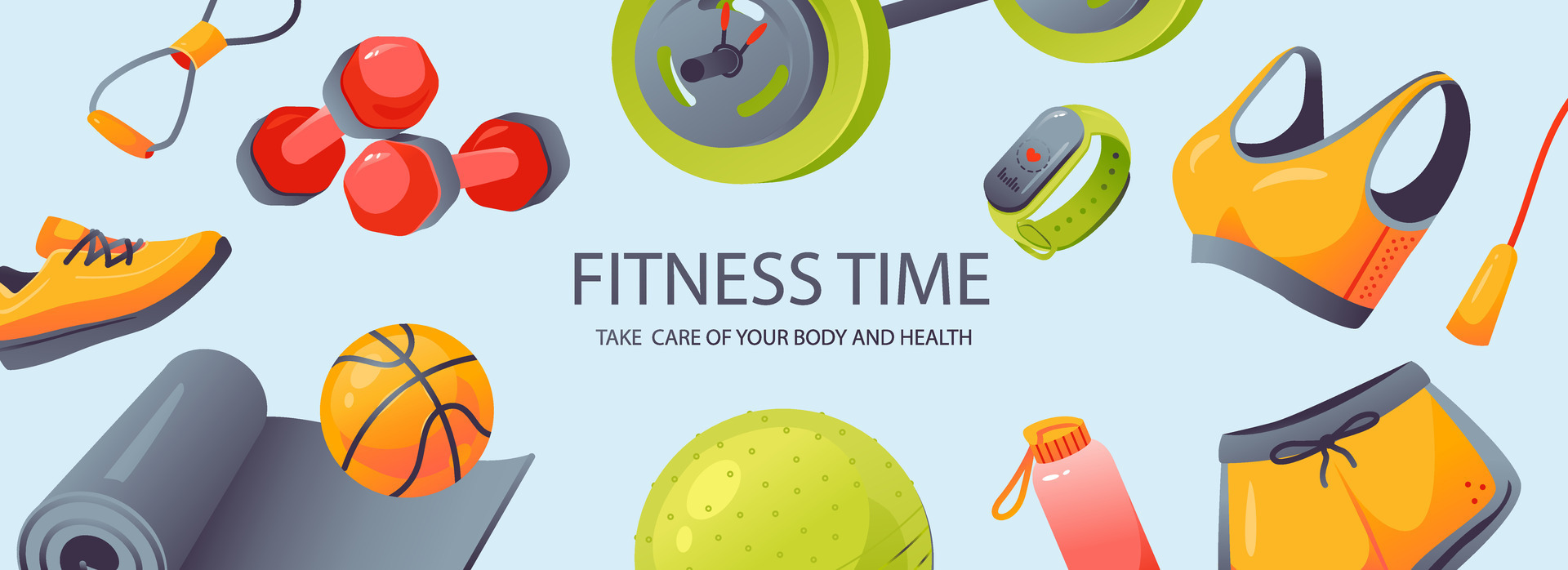 Vetor de Gym fitness elements vector illustration. Sports and physical  activity equipment, healthy food and wellness banner, objects set on white  backgrouns, top view. Healthy lifestyle banner, poster or cover do Stock